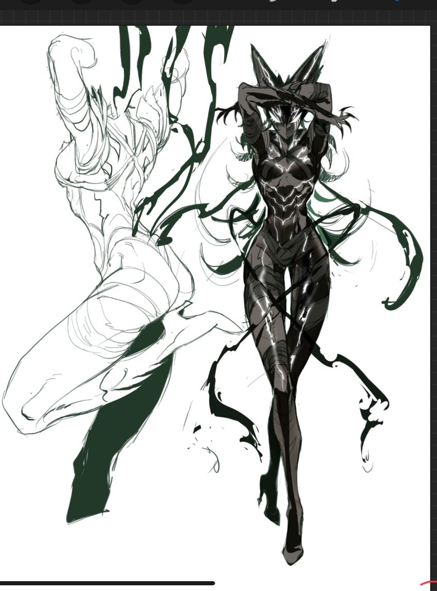 arms_up awakened_garou_(cosmic_fear_mode) breasts claws cracked_skin garou_(one-punch_man) genderswap genderswap_(mtf) high_heels highres humanfly691122 medium_breasts one-punch_man toned toned_female