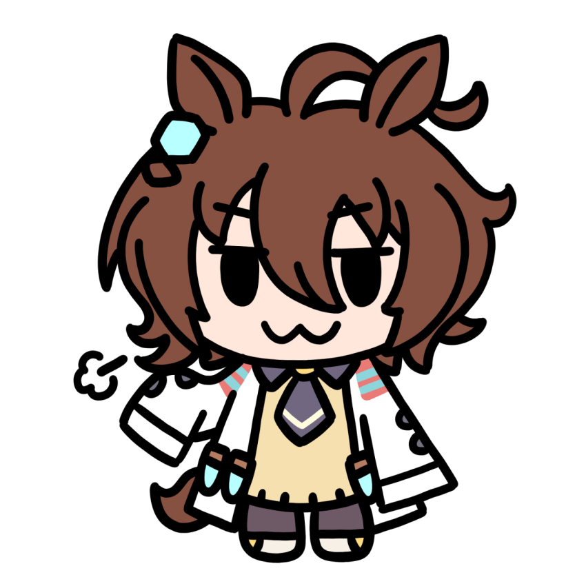 1girl :3 agnes_tachyon_(tach-nology)_(umamusume) agnes_tachyon_(umamusume) ahoge animal_ears brown_hair chibi chibi_only commentary full_body hair_ornament hashtag-only_commentary highres horse_ears horse_girl horse_tail jitome lab_coat long_sleeves necktie pantyhose puff_of_air short_hair sleeves_past_fingers sleeves_past_wrists smile solid_oval_eyes solo tail takanocchi umamusume