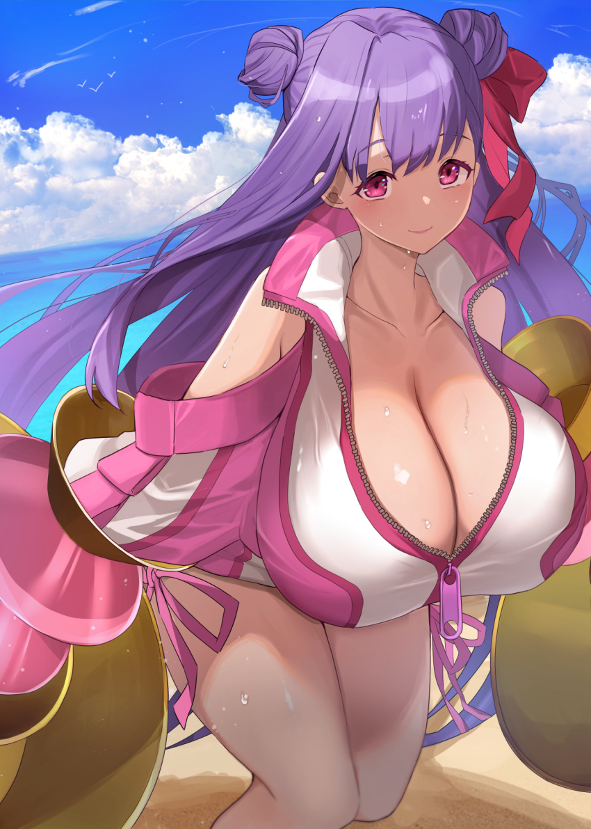 1girl bare_shoulders beach blue_sky breasts cleavage closed_mouth collared_jacket double_bun fate/grand_order fate_(series) hair_bun hair_ribbon highres huge_breasts huge_claws jacket long_hair looking_at_viewer multicolored_jacket ocean outdoors passionlip_(celeb_summer_experience_swimsuit)_(fate) passionlip_(fate) pink_jacket purple_eyes purple_hair ribbon sky solo sweat swimsuit two-tone_jacket untue white_jacket zipper_pull_tab