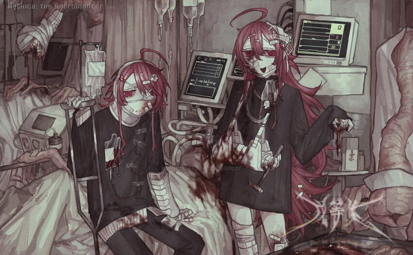 1girl 1other :d arm_sling bandaid bandaid_on_face bandaid_on_leg bed black_shirt blood blood_bag blood_on_clothes blood_on_face eyepatch film_grain ghost_hair_ornament hammer highres holding holding_hammer hospital hospital_bed indoors injury long_hair monster open_mouth original pill pill_hair_ornament pink_hair red_eyes shirt sitting smile syringe very_long_hair wavy_hair wuwuren