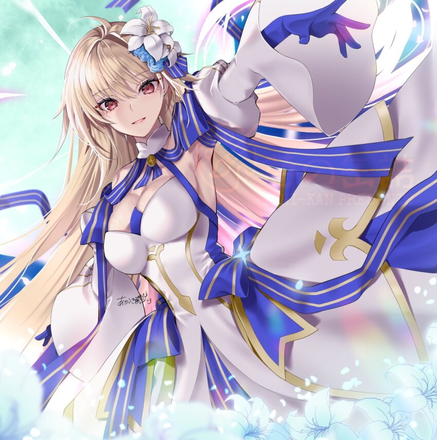 1girl akatsuki_hijiri archetype_earth arcueid_brunestud bare_shoulders blonde_hair breasts cowboy_shot dress fate/grand_order fate_(series) flower hair_flower hair_ornament large_breasts long_hair red_eyes solo strapless tsukihime white_dress white_flower