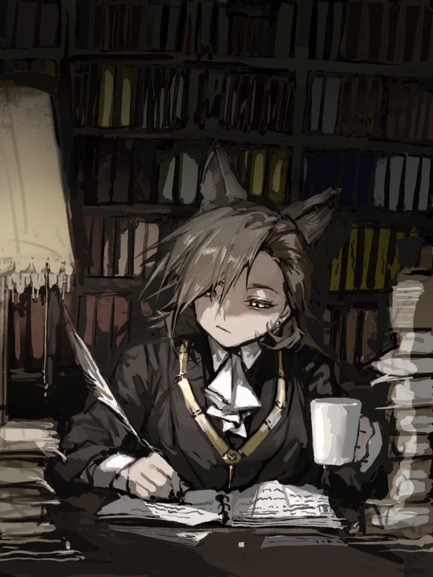 1girl animal_ears arknights ascot black_jacket black_nails book book_stack bookshelf brown_hair cup desk_lamp duya_(ehouhouohahaha) highres holding holding_cup holding_quill indoors jacket lamp looking_down mug notebook penance_(arknights) quill short_hair sketch solo swept_bangs upper_body white_ascot wolf_ears writing yellow_eyes