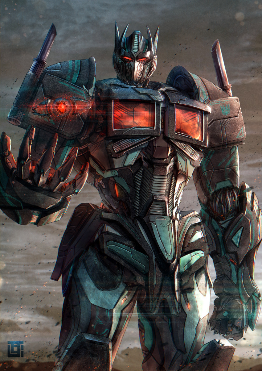 absurdres chinese_commentary clenched_hand cloud cloudy_sky decepticon embers highres kozsen_810290 looking_at_viewer matrix_of_leadership mecha nemesis_prime open_hand red_eyes robot science_fiction sky transformers