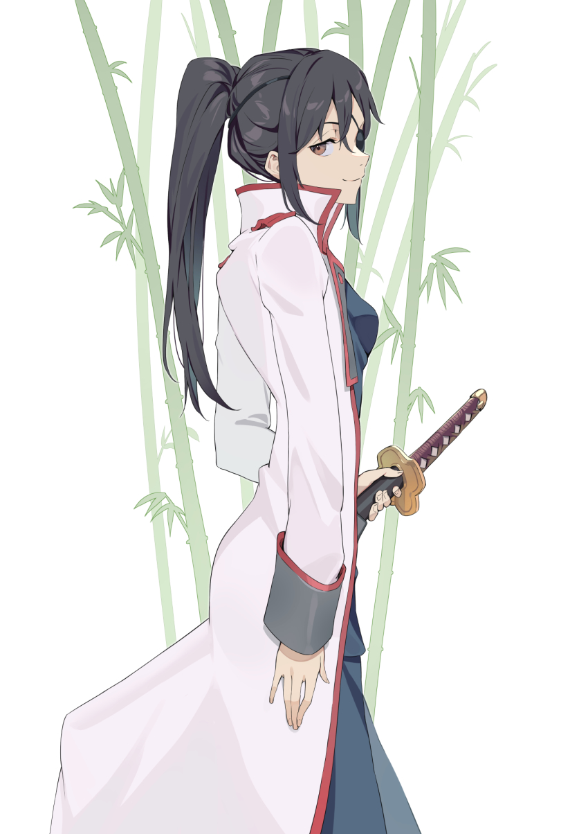 1girl bamboo black_hair brown_eyes coat eyepatch gintama highres holding holding_sword holding_weapon ibaraki_shun katana looking_back ponytail smile solo sword weapon yagyuu_kyuubei