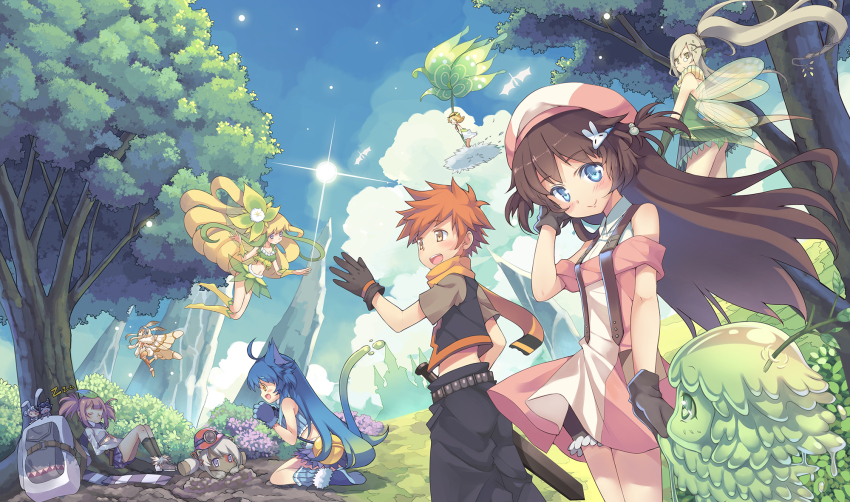 1boy 6+girls :d against_tree ahoge animal_ears animal_hands antennae arthropod_girl backpack bag beret black_gloves blonde_hair blue_eyes blue_hair blue_sky blush blush_stickers boots branch brown_eyes bush castle cat_ears cat_tail closed_eyes cloud dark_skin day dragon dress fairy fairy_wings fantasy floating floating_hair flower forest gloves green_dress green_eyes green_panties hair_bobbles hair_flower hair_ornament hairclip hand_in_own_hair hat highres holding_hands horns insect_girl insect_wings kardia_tou_abel kazuzu knee_boots kneehighs leaf leaf_on_head light_brown_hair long_hair long_sleeves looking_at_another midriff mini_person minigirl mining_helmet miniskirt monocle monster_girl moth_girl moth_wings multiple_girls nature navel open_mouth orange_eyes orange_scarf outdoors panties pants pantyshot paw_gloves pink_dress pink_hair profile purple_eyes rabbit_ears rabbit_hair_ornament scarf short_dress short_sleeves side_ponytail silver_hair sitting skirt sky sleeping sleeveless slime_girl smile socks standing tail tree twintails two_side_up underwear unworn_backpack unworn_bag very_long_hair wariza wings wrist_cuffs yellow_eyes zzz