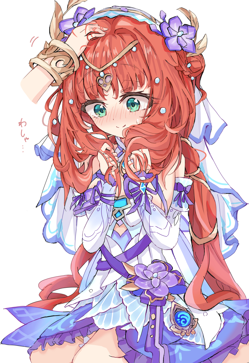 2girls absurdres aqua_eyes bare_shoulders blush bracelet circlet closed_mouth commentary_request detached_sleeves disembodied_hand dress genshin_impact hands_up headpat highres holding holding_own_hair hydro_symbol_(genshin_impact) jewelry kneeling long_hair multiple_girls nahida_(genshin_impact) nilou_(breeze_of_sabaa)_(genshin_impact) nilou_(genshin_impact) nose_blush official_alternate_costume red_hair sleeveless sleeveless_dress smile translation_request very_long_hair vision_(genshin_impact) wata_(watashi_j) white_dress white_sleeves