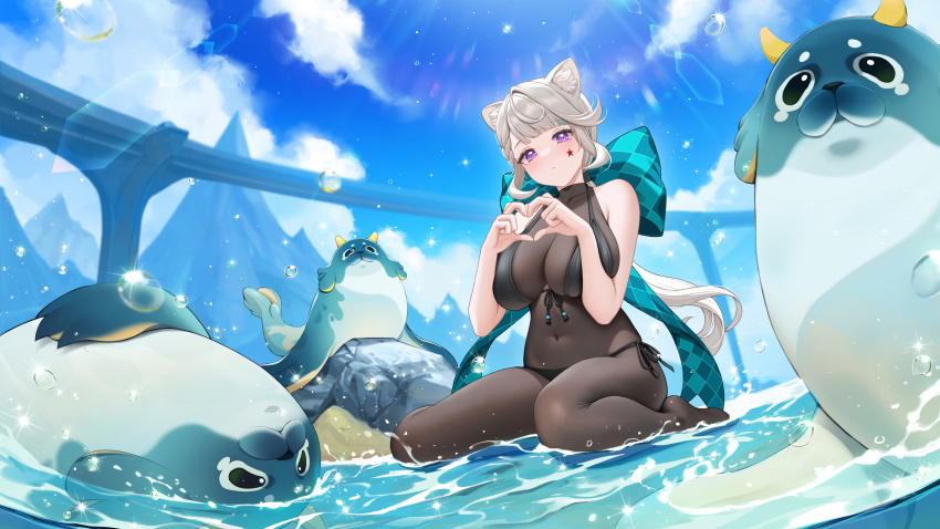 1girl 3others absurdres alternate_breast_size animal_ears bikini black_bikini blonde_hair blubberbeast_(genshin_impact) bow cat_ears cat_girl facial_mark fukuro_daizi genshin_impact heart heart_hands highres lynette_(genshin_impact) multiple_others navel pantyhose purple_eyes seal_(animal) star_(symbol) star_facial_mark stomach stone swimsuit