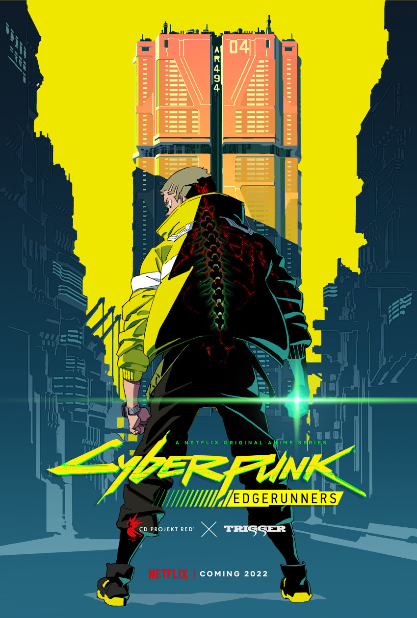 1boy absurdres black_pants black_shoes cd_projekt_red cityscape copyright_name cyberpunk:_edgerunners cyberpunk_(series) cyberpunk_2077 david_martinez highres jacket lying netflix official_art on_back pants shoes standing trigger_(company) watch yellow_background yellow_jacket