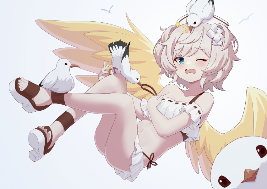 1girl absurdres alternate_costume animal animal_on_head bird crop_top feathered_wings full_body green_eyes highres miniskirt on_head one_eye_closed platform_sandals princess_connect! resplendent_phoenix_(shadowverse) seagull shadowverse short_hair skirt soulcore1999 toes transparent_background wavy_mouth white_hair white_skirt wings