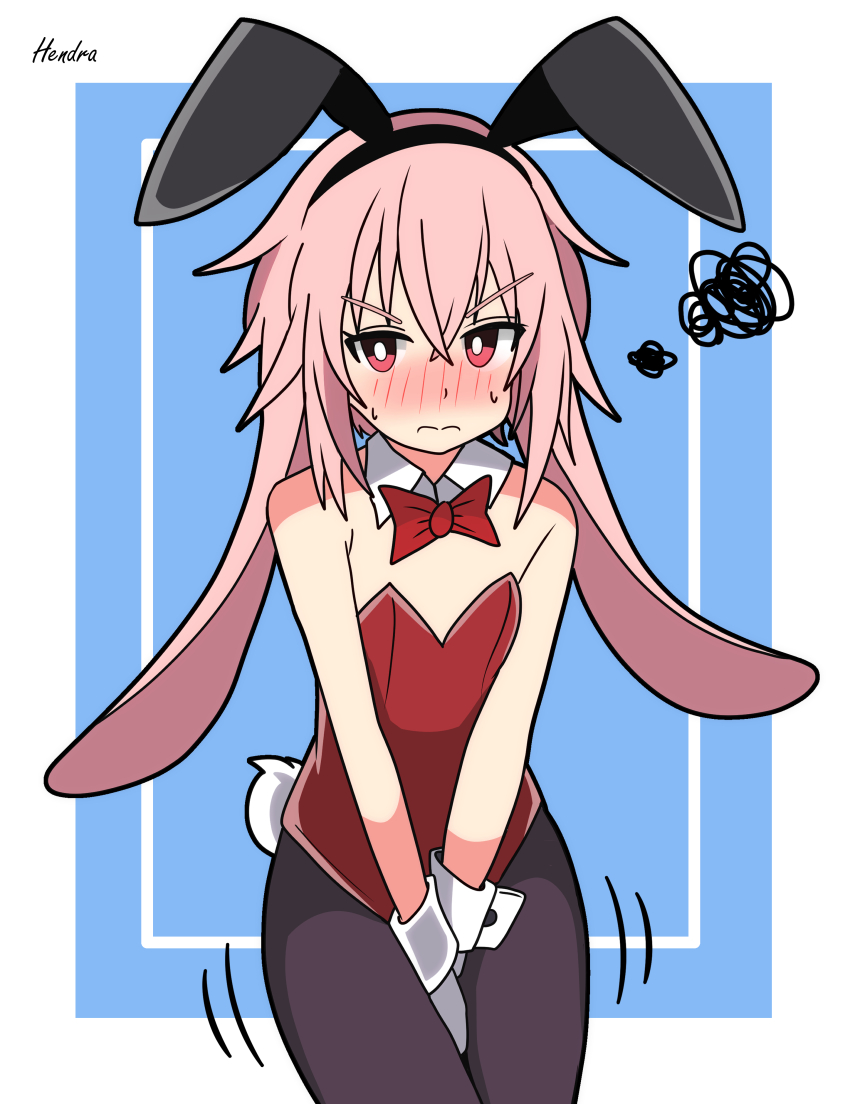 1boy absurdres animal_costume animal_ears ansel_(arknights) arknights between_legs black_pantyhose blue_background blush bow bowtie closed_mouth commentary_request cowboy_shot crossdressing detached_collar embarrassed fake_animal_ears hand_between_legs hendra highleg highleg_leotard highres leotard male_focus nose_blush pantyhose pink_hair playboy_bunny rabbit_costume rabbit_ears rabbit_tail red_bow red_bowtie red_eyes red_leotard short_hair solo strapless strapless_leotard tail trap wrist_cuffs