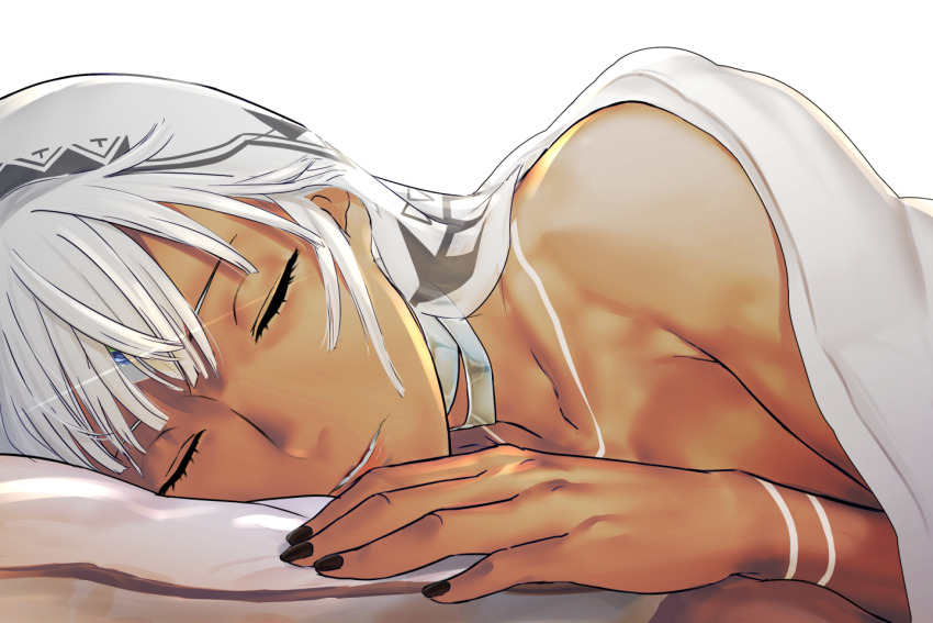 1girl altera_(fate) black_nails breasts close-up closed_eyes dark-skinned_female dark_skin fate/grand_order fate_(series) female_focus i-pan nail_polish parted_lips sleeveless solo tattoo teeth veil white_hair