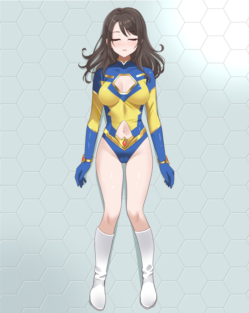 1girl blue_gloves blue_leotard boots bracelet breasts brown_hair cleavage_cutout closed_eyes clothing_cutout commentary_request commission elbow_gloves gloves gold_belt gold_bracelet highres jewelry leona_(taiyou_no_senshi_leona) leotard long_hair lying medium_breasts multicolored_leotard navel_cutout on_back parted_lips pixiv_commission shimouki_izui solo superhero_costume taiyou_no_senshi_leona two-tone_leotard white_boots yellow_leotard