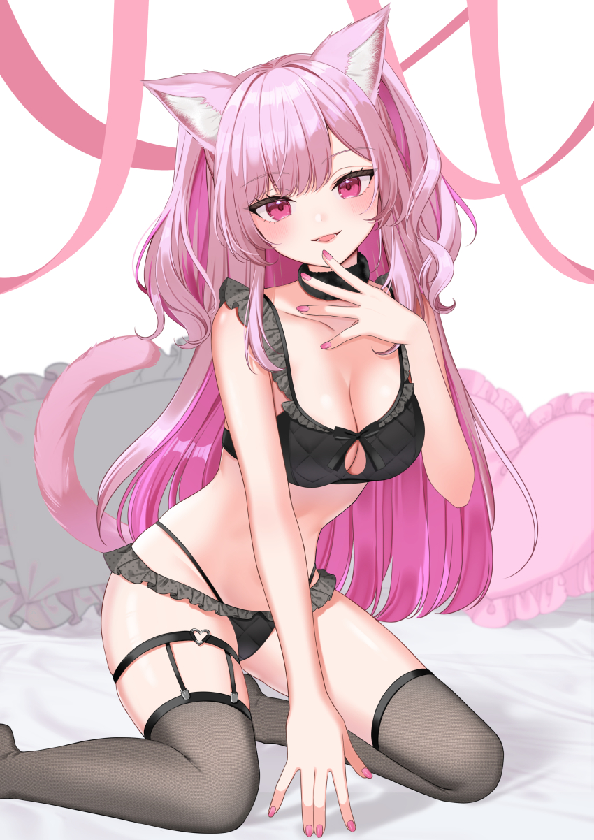 1girl absurdres animal_ear_fluff animal_ears applying_manicure black_bra black_panties black_thighhighs bra breasts cat_ears cat_girl cat_tail colored_inner_hair commentary_request commission frilled_pillow frills heart heart-shaped_pillow highres kuroyuki_0713 lingerie multicolored_hair nail_polish original panties pillow pink_eyes pink_hair pink_nails skeb_commission solo tail thighhighs underwear
