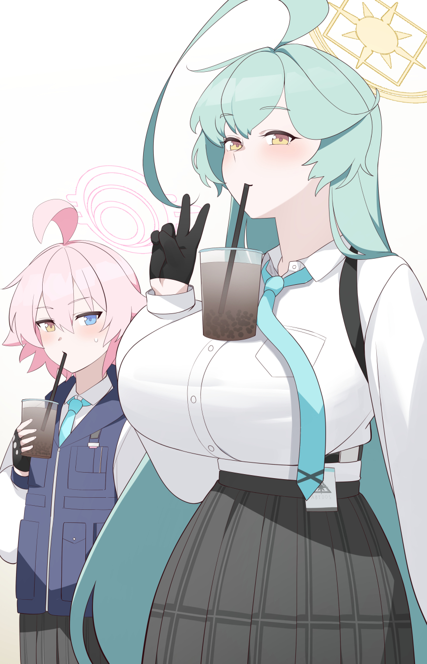2girls absurdres antenna_hair aqua_hair black_gloves blue_archive blush breasts bubble_tea_challenge cup darros drinking_straw gloves halo harness height_difference heterochromia highres hoshino_(blue_archive) hoshino_(first_year)_(blue_archive) id_card large_breasts multiple_girls necktie pink_hair pink_halo shirt short_hair simple_background sweatdrop v white_background white_shirt yellow_halo yume_(blue_archive)
