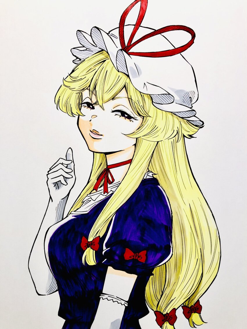 1girl blonde_hair bow choker commentary_request dress elbow_gloves gloves hair_bow hat hat_ribbon highres looking_at_viewer mob_cap multiple_hair_bows parted_lips puffy_short_sleeves puffy_sleeves purple_dress red_ribbon ribbon ribbon_choker s590220 seductive_smile short_sleeves smile solo touhou traditional_media white_background white_gloves white_hat yakumo_yukari
