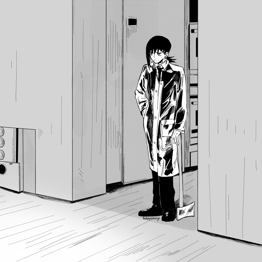 1girl absurdres american_psycho artist_name axe chainsaw_man cosplay full_body greyscale higashiyama_kobeni highres indoors monochrome pants pastepiphany patrick_bateman patrick_bateman_(cosplay) raincoat see-through_clothes see-through_raincoat short_hair side_ponytail single_sidelock solo standing
