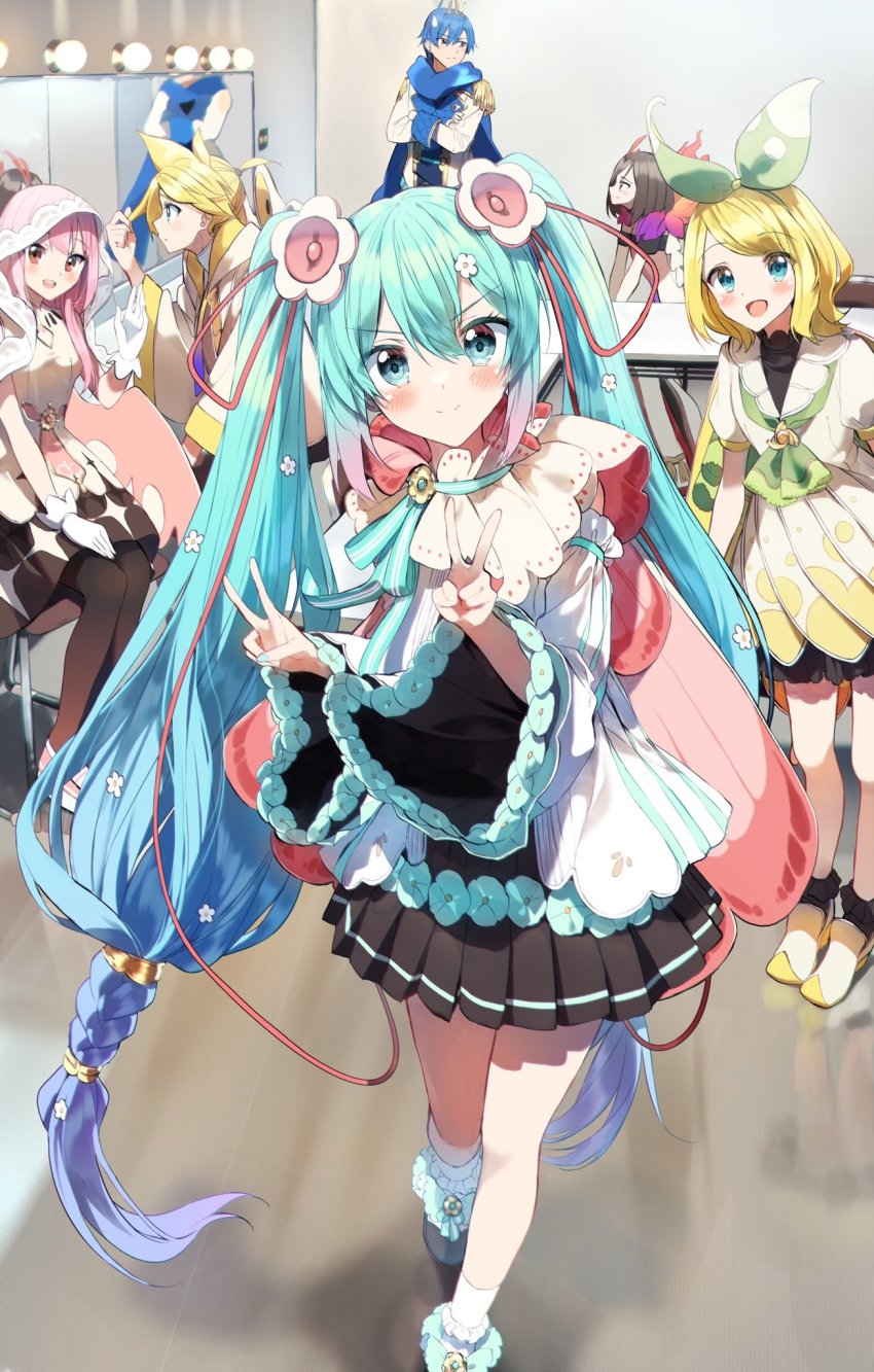 2boys 4girls adjusting_hair aqua_eyes aqua_flower aqua_hair black_legwear black_skirt blonde_hair blue_eyes blue_hair blush bow braid brown_eyes brown_hair capelet coat commentary_request crossed_arms crown detached_sleeves double_v dress dressing_room epaulettes flower gloves gradient_hair green_bow green_neckerchief hair_bow hair_flower hair_ornament hair_ribbon hair_tie hands_on_own_knees hatsune_miku highres hood indoors kagamine_len kagamine_rin kaito_(vocaloid) long_hair looking_at_another looking_at_viewer magical_mirai_(vocaloid) magical_mirai_kaito magical_mirai_kaito_(2021) magical_mirai_len magical_mirai_len_(2021) magical_mirai_luka magical_mirai_luka_(2021) magical_mirai_meiko magical_mirai_meiko_(2021) magical_mirai_miku magical_mirai_miku_(2021) magical_mirai_rin magical_mirai_rin_(2021) medallion megurine_luka meiko_(vocaloid) miniskirt mirror multicolored_hair multiple_boys multiple_girls neckerchief open_mouth pentagon_(railgun_ky1206) pink_eyes pink_hair pink_hood pleated_dress pleated_skirt red_ribbon reflection ribbon shirt short_sleeves sitting skirt smile spiked_hair standing twintails two-tone_hair v v-shaped_eyebrows very_long_hair vocaloid white_coat white_dress white_flower white_gloves white_shirt wide_sleeves