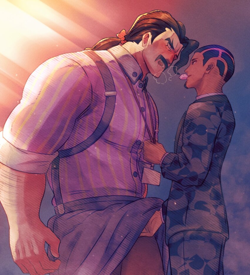 crotch_grab dark-skinned_male dark_skin embarrassed erection food highres huge_penis large_penis male_focus muscular muscular_male nintendo penis pokemon pokemon_sv saguaro_(pokemon) salvatore_(pokemon) shy size_difference sweets tongue tongue_out ya_su_yu_ki yaoi