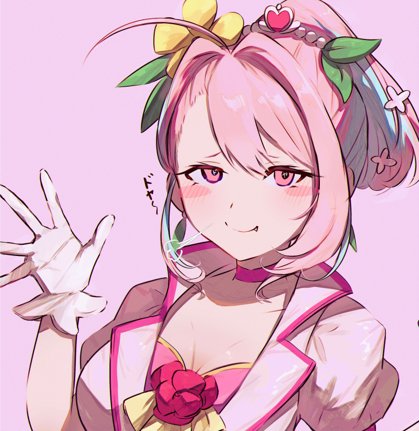 1girl blush_stickers breasts choker cleavage closed_mouth cosplay cure_grace cure_grace_(cosplay) doyagao fang fang_out flower gloves hair_between_eyes hair_flower hair_ornament hamachamu hand_up healin&#039;_good_precure high_ponytail highres idolmaster idolmaster_cinderella_girls jacket large_breasts looking_at_viewer multicolored_hair pink_choker pink_eyes pink_hair pink_jacket ponytail precure puffy_short_sleeves puffy_sleeves red_flower short_sleeves simple_background smug solo two-tone_hair upper_body white_gloves yellow_flower yumemi_riamu