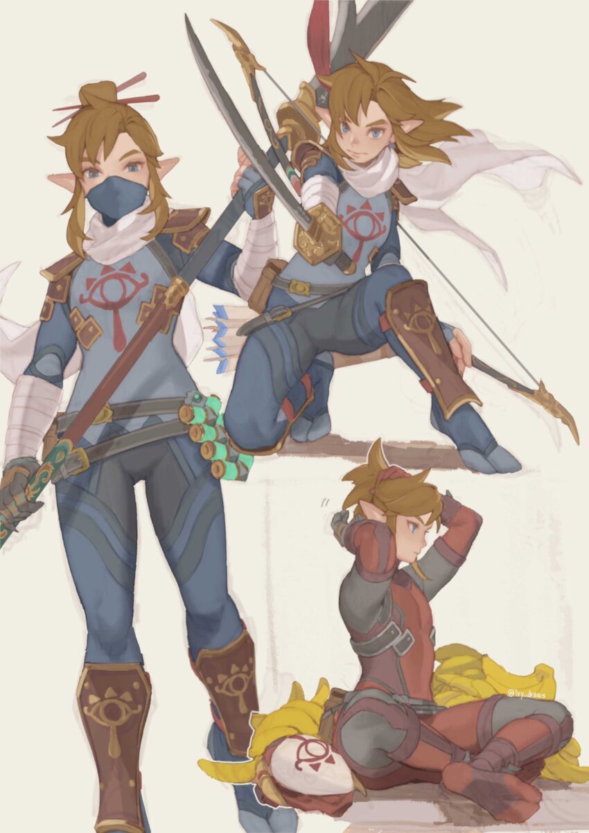 1boy black_bodysuit bodysuit bow_(weapon) brown_hair cosplay hair_ornament hair_stick hands_up highres holding holding_polearm holding_sword holding_weapon ivy_(sena0119) katana link long_hair male_focus mask mouth_mask multiple_views nintendo on_one_knee pointy_ears polearm purple_bodysuit red_bodysuit sitting stealth_set_(zelda) sword the_legend_of_zelda the_legend_of_zelda:_breath_of_the_wild unworn_mask weapon yiga_clan yiga_clan_footsoldier yiga_clan_footsoldier_(cosplay)