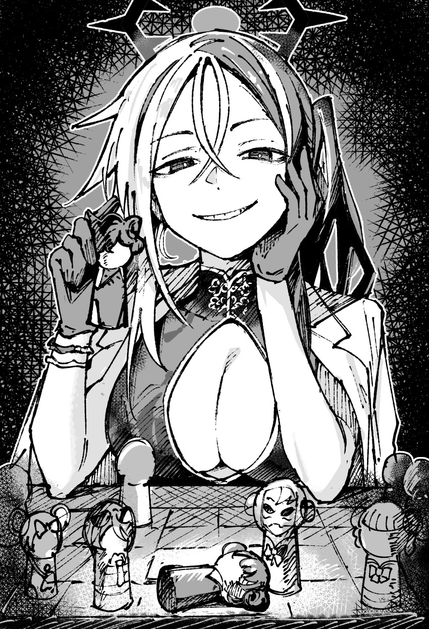 absurdres aura blue_archive board_game breasts chess chess_piece china_dress chinese_clothes cleavage cleavage_cutout clothing_cutout coat coat_on_shoulders crossed_bangs dark_aura dress elbow_rest elbows_on_table evil_grin evil_smile formal_clothes gloves grin half-closed_eyes halo hand_on_own_face hayashi_itsuki highres holding holding_chess_piece kai_(blue_archive) kisaki_(blue_archive) looking_at_viewer mandarin_collar mina_(blue_archive) multicolored_hair pawn_(chess) saya_(blue_archive) smile split-color_hair spread_cleavage suit two-tone_hair white_coat white_suit