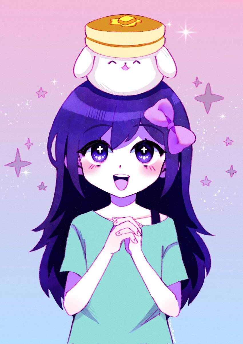+_+ 1girl aubrey_(headspace)_(omori) aubrey_(omori) blue_shirt bow bra_strap collarbone colored_skin hair_bow highres idawnrunner long_hair looking_up omori open_mouth pancake_bunny_(omori) pink_bow purple_eyes purple_hair shirt short_sleeves solo teeth upper_body upper_teeth_only white_skin