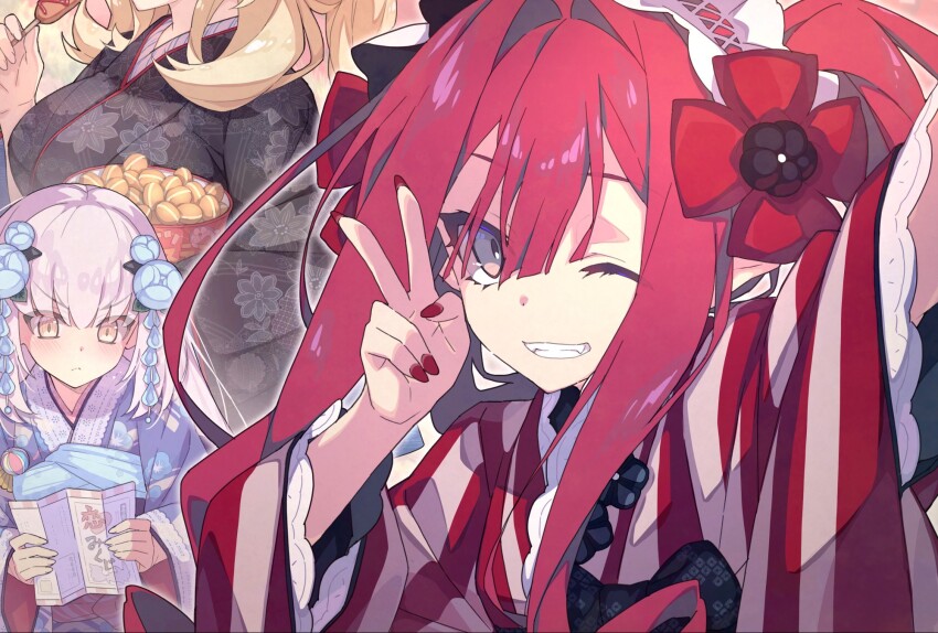 3girls baobhan_sith_(fate) barghest_(fate) breasts faerie_knights_(fate) fate/grand_order fate_(series) forked_eyebrows grey_eyes grin highres large_breasts long_hair looking_at_viewer melusine_(fate) multiple_girls pink_hair pointy_ears saipaco sidelocks smile thighs