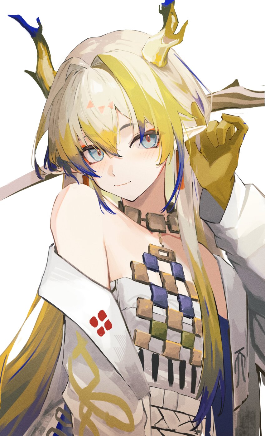 1girl absurdres arknights arm_up bare_shoulders blonde_hair blue_eyes blush closed_mouth colored_extremities commentary dragon_girl dragon_horns earrings grey_hair hair_between_eyes hair_intakes hand_on_own_ear highres horns jacket jewelry light_smile long_hair long_sleeves looking_at_viewer multicolored_hair necklace nekomatamago off_shoulder pointy_ears purple_hair shu_(arknights) simple_background solo strapless tube_top upper_body white_background white_jacket white_tube_top