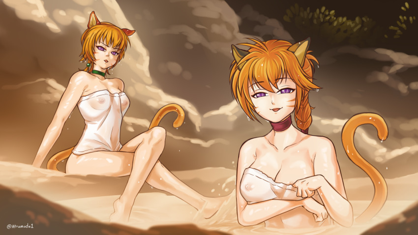 2girls animal_ears arm_under_breasts atramada bare_shoulders braid breasts cat cat_ears cat_girl cat_tail choker cleavage collar collarbone commission commissioner_upload covered_erect_nipples crossed_legs dripping facepaint facial_mark fire_emblem fire_emblem:_path_of_radiance fire_emblem:_radiant_dawn green_choker green_collar hair_between_eyes highres in_water large_breasts large_variant_set lethe_(fire_emblem) looking_at_viewer lyre_(fire_emblem) medium_breasts messy_hair multiple_girls naked_towel nintendo nipples onsen orange_hair orange_tail pink_choker pink_collar pulling_own_clothes purple_eyes see-through_clothes siblings sisters sitting slit_pupils tail teasing tongue tongue_out towel twins variant_set water water_drop wet wet_clothes wet_towel whisker_markings