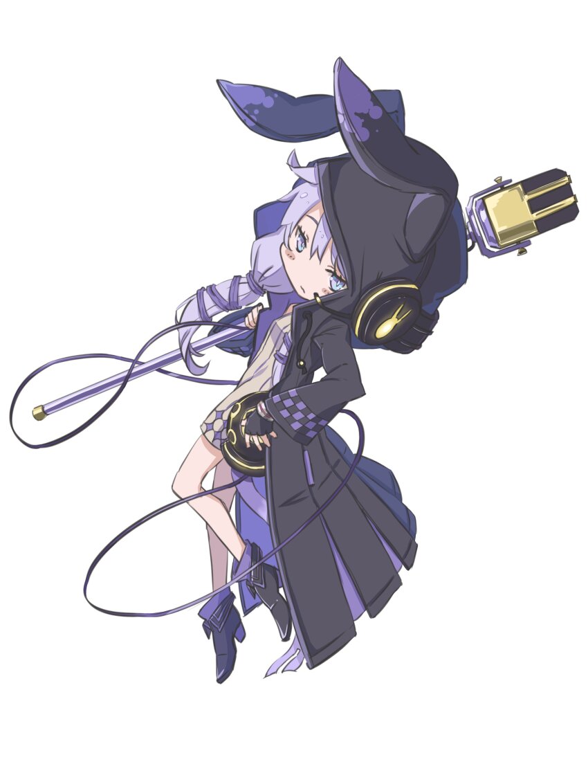 1girl absurdres animal_hood black_gloves blue_eyes boots bracelet brown_dress cable carrying_over_shoulder chibi commentary_request dress expressionless fingerless_gloves from_side full_body gloves half-closed_eyes headphones high_heel_boots high_heels highres holding holding_microphone_stand hood hood_up hooded_coat jewelry light_purple_hair looking_at_viewer looking_to_the_side microphone microphone_stand multicolored_eyes purple_eyes rabbit_hood ribbed_dress shiratama_(siratama5656) short_dress simple_background solo vocaloid voiceroid white_background yuzuki_yukari yuzuki_yukari_(lin)