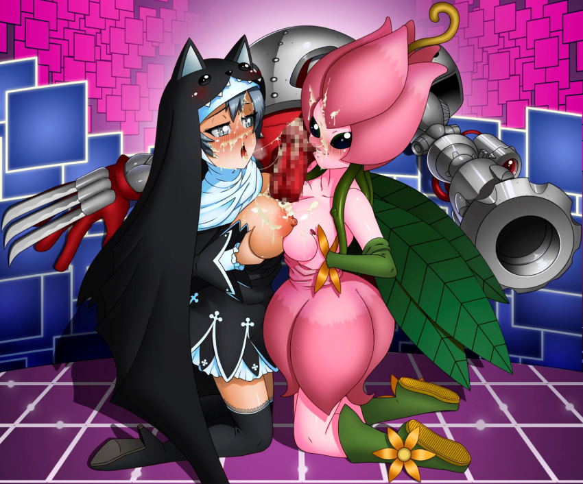 2girls cooperative_paizuri digimon digimon_(creature) fairy flower highres lilimon metalmamemon monster_girl multiple_girls paizuri petals plant_girl sistermon_noir teamwork_(sexual)