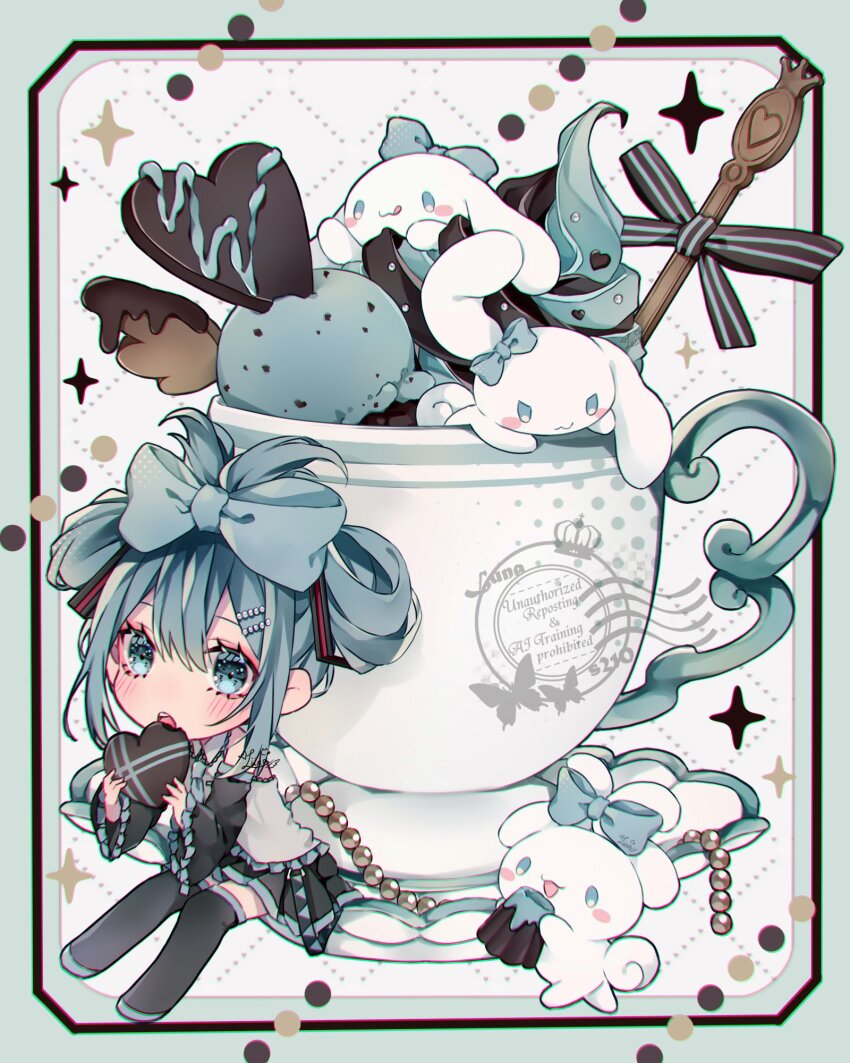 1girl :o black_skirt black_sleeves black_thighhighs blue_bow blue_eyes blue_necktie blush bow candy chibi chibi_only chocolate chocolate_heart cinnamiku collared_shirt commentary_request cup detached_sleeves food full_body grey_shirt hair_between_eyes hair_bow hair_ornament hair_rings hairclip hatsune_miku heart heart-shaped_food highres holding holding_chocolate holding_food looking_at_viewer luna_s210 medium_hair mint_chocolate mint_chocolate_(razschi) necktie open_mouth pleated_skirt pudding rabbit shirt sidelocks skirt sleeveless sleeveless_shirt solo thighhighs twintails updo vocaloid watermark wide_sleeves
