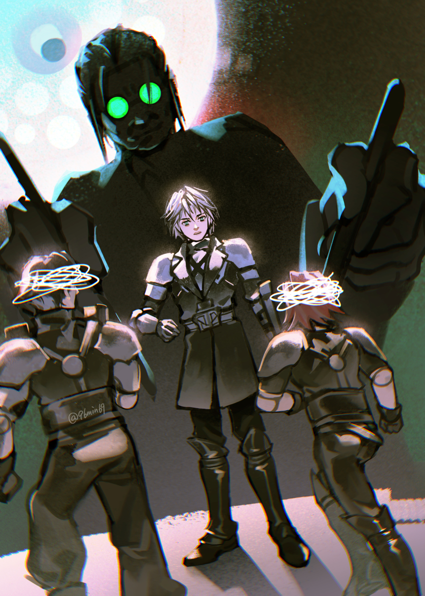 4boys 96min69 absurdres aged_down angeal_hewley boots doctor final_fantasy final_fantasy_vii final_fantasy_vii_ever_crisis genesis_rhapsodos hashtag-only_commentary highres holding holding_scalpel lab_coat long_sleeves male_focus multiple_boys open_mouth pants professor_houjou round_eyewear scalpel sephiroth sephiroth_(ever_crisis) short_hair twitter_username