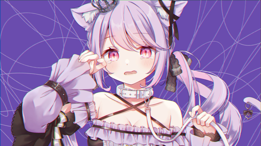 1girl animal_collar animal_ears black_bow black_ribbon black_shirt black_sleeves blush bow breasts cat_ears cat_girl cat_rubbing_(cevio) cat_tail cevio cleavage collar commentary_request criss-cross_halter crown detached_sleeves ear_ribbon fang fingernails frilled_shirt frills gomano_rio hair_bow halterneck holding holding_leash ina_uruu leash long_hair looking_at_viewer low_twintails medium_breasts mini_crown multicolored_hair nanashi_inc. official_art open_mouth pink_eyes pink_hair purple_background purple_hair ribbon shirt sleeveless sleeveless_shirt solo string tail twintails two-tone_hair upper_body virtual_youtuber white_collar