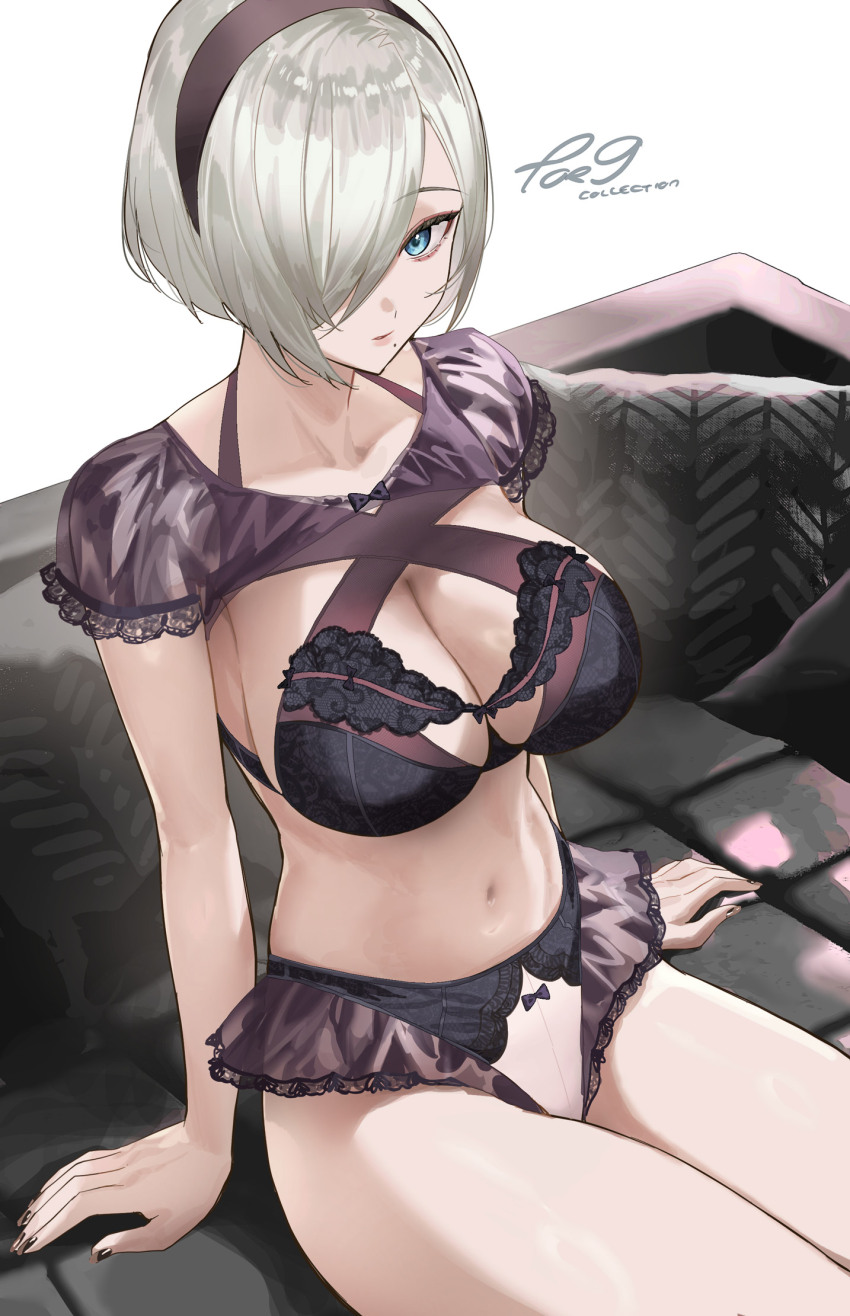 1girl 2b_(nier:automata) black_bra black_hairband black_panties blue_eyes bow bow_panties bra breasts cleavage commentary couch english_commentary grey_hair hair_over_one_eye hairband highres large_breasts nail_polish navel nier:automata nier_(series) on_couch one_eye_covered panties salmon88 short_hair sitting solo stomach thighs underwear