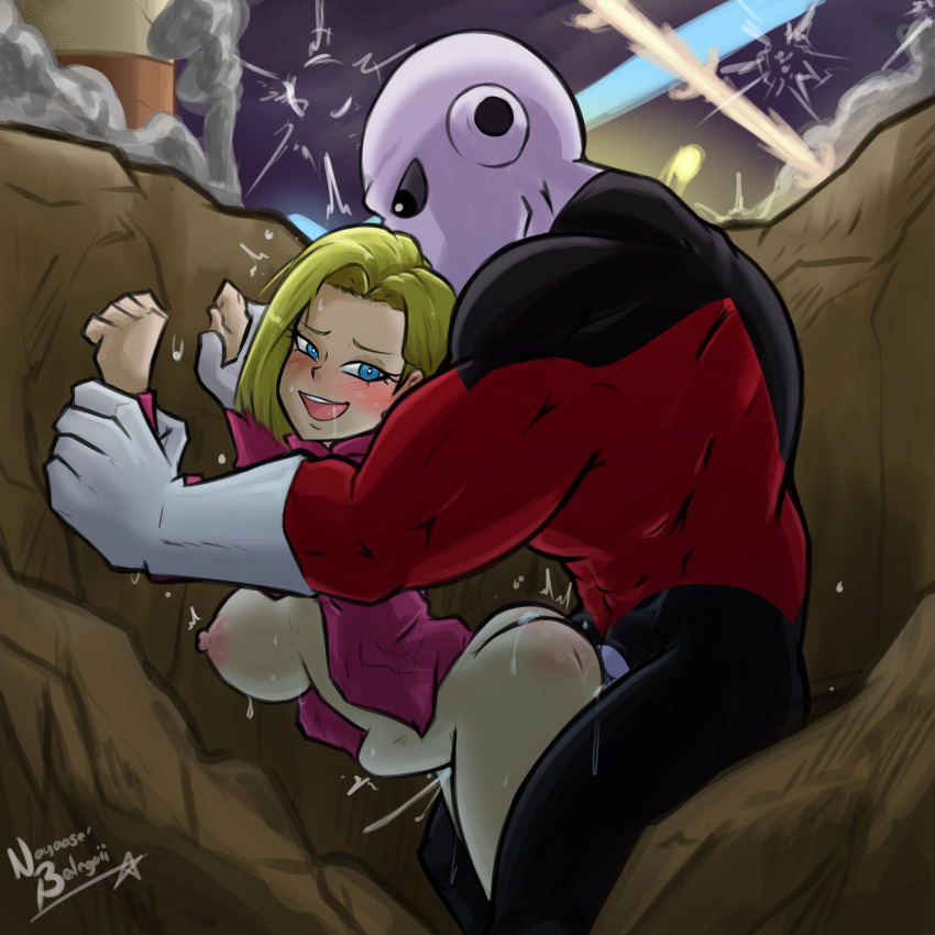 1boy 1girl absurdres android_18 ass blonde_hair blue_eyes bodysuit bottomless breasts cheating_(relationship) dragon_ball dragon_ball_super gloves hetero highres jacket jiren large_breasts long_sleeves nayaase_beleguii netorare nipples open_mouth outdoors pink_jacket sex sex_from_behind short_hair smile stomach_bulge white_gloves xenophilia