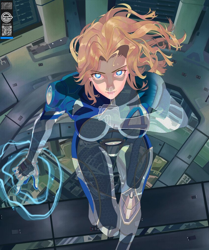 1girl absurdres blonde_hair blue_bodysuit blue_eyes bodysuit breasts fantastic_four ghost_in_the_shell highres large_breasts laughing_man_(gits) long_hair looking_at_viewer marvel marvel_rivals multicolored_bodysuit notaudri partially_invisible solo sue_storm superhero_costume two-tone_bodysuit white_bodysuit