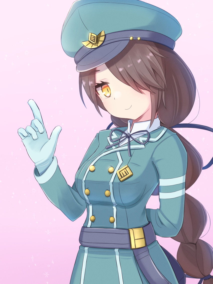 1girl aqua_dress aqua_hat arm_behind_back belt blue_ribbon braid breasts brown_hair buttons closed_mouth dress gloves gradient_background hair_over_one_eye hair_ribbon hand_up hat highres jazz_grace long_hair long_sleeves looking_at_viewer medium_breasts neck_ribbon peaked_cap purple_belt ribbon sequel_(series) sequel_blight single_braid smile solo tillema_riema_(sequel_blight) tirma_riema very_long_hair white_gloves yellow_eyes
