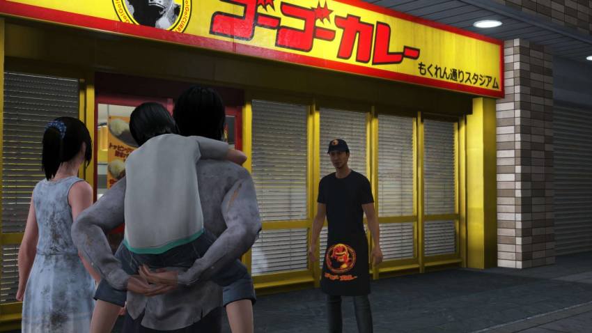 2boys 3d 3girls city_shrouded_in_shadow fast_food go!_go!_curry go!_go!_curry_mokuren_toori_stadium granzella highres kagaya_gorou kouno_yuki misaki_ken mokuren_toori_stadium multiple_boys multiple_girls product_placement restaurant yamamura_miho