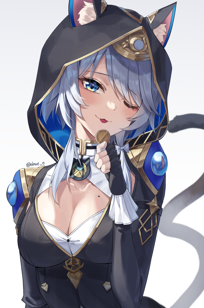 1girl :3 absurdres animal_ears black_gloves black_hoodie blue_eyes breasts cat_ears cat_girl cat_tail cipher_(honkai:_star_rail) cleavage cleavage_cutout closed_mouth clothing_cutout coin ears_through_headwear fingerless_gloves gloves hand_up highres honkai:_star_rail honkai_(series) hood hoodie kimae long_sleeves looking_at_viewer medium_breasts mole mole_on_breast one_eye_closed short_hair_with_long_locks smile solo tail tongue tongue_out upper_body white_hair