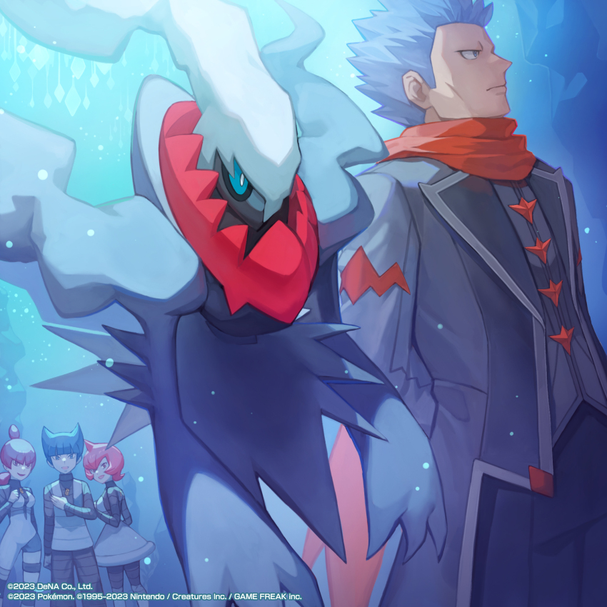 2boys 2girls arms_behind_back blue_background blue_eyes blue_hair creatures_(company) cyrus_(pokemon) cyrus_(sygna_suit)_(pokemon) darkrai game_freak gen_4_pokemon highres jupiter_(pokemon) katano_shibire legendary_pokemon looking_at_another mars_(pokemon) multiple_boys multiple_girls mythical_pokemon nintendo official_alternate_costume official_art pokemon pokemon_dppt pokemon_masters_ex purple_hair red_hair saturn_(pokemon) scarf team_galactic team_galactic_uniform