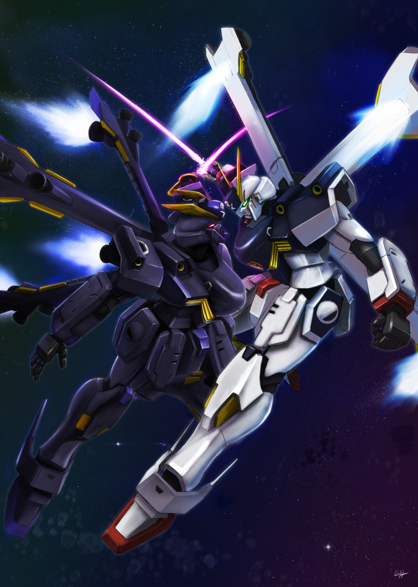 artist_request asteroid battle crossbone_gundam crossbone_gundam_x-1 crossbone_gundam_x-2 crossbone_vanguard duel emblem energy_sword green_eyes gundam highres jolly_roger logo machinery mecha mecha_focus mobile_suit no_humans realistic red_eyes robot roundel science_fiction space spoilers star_(sky) sword thrusters v-fin vernier_thrusters weapon
