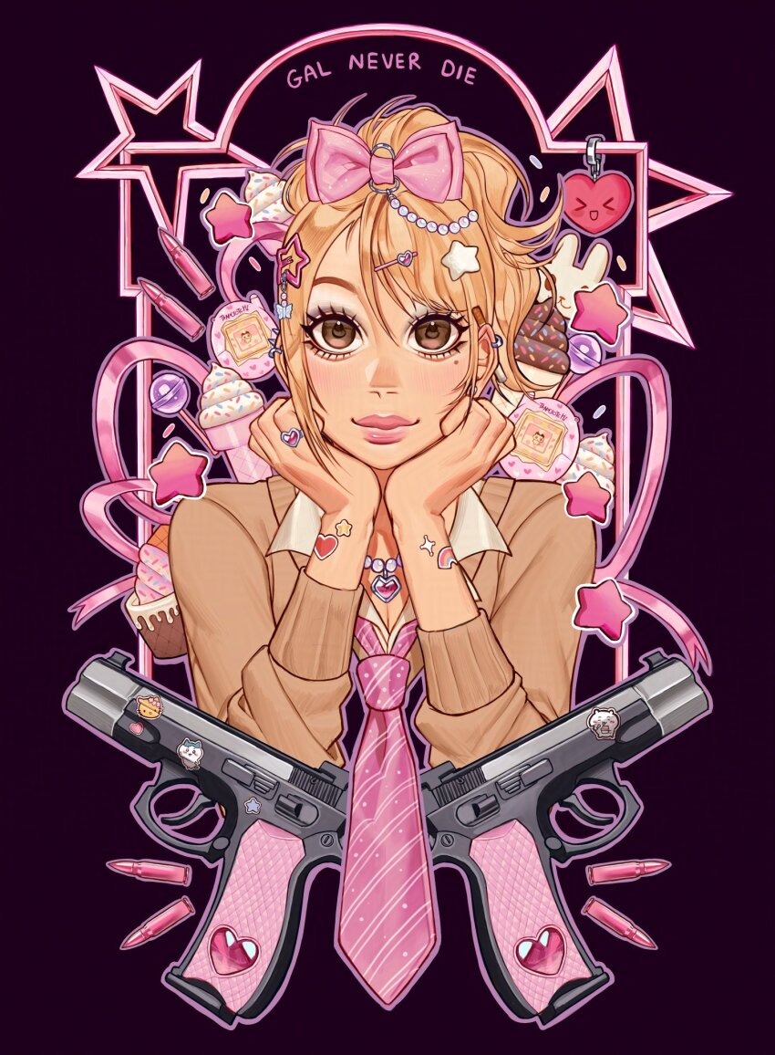 1girl aegyo_sal bead_necklace beads blonde_hair bow brown_cardigan brown_eyes bullet cardigan chiikawa commentary cute_weapon english_commentary food gun gyaru gyaru_makeup hachiware_(chiikawa) hair_bow heart hello_kitty hello_kitty_(character) highres jewelry kogal long_sleeves looking_at_viewer makeup mametchi molu_(sodasnaps) necklace original pink_bow pink_lips sanrio short_hair smile solo sweets tamagotchi tamagotchi_(virtual_pet) tamagotchi_plus updo upper_body virtual_pet_(toy) weapon