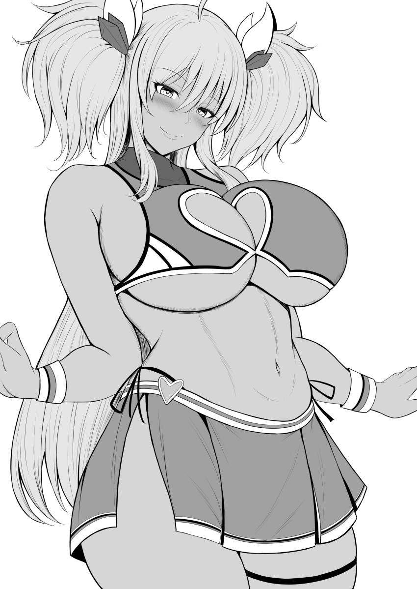 1girl absurdres alternate_costume alternate_skin_color bare_arms bare_legs bare_shoulders bikini bikini_under_clothes blush breasts cheerleader curvy dark-skinned_female dark_skin earrings high_heels highleg highleg_bikini highres huge_breasts inverted_nipples jewelry kanna_(minamozuki) long_hair miniskirt monochrome navel no_bra official_alternate_costume onizaki_kirara shiny_skin skirt solo swimsuit taimanin_(series) taimanin_rpgx tan thong thong_bikini twintails wide_hips