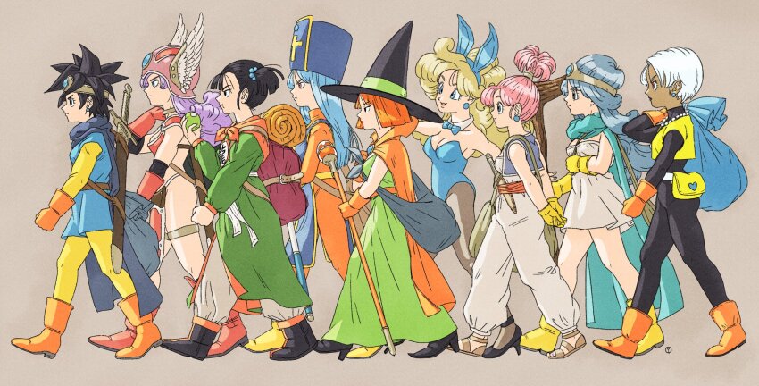 1boy 6+girls animal_ear_hairband animal_ears aqua_cloak armor arms_behind_back baggy_pants black_bodysuit black_footwear black_hair blonde_hair blue_bow blue_bowtie blue_gemstone blue_hair blue_leotard blunt_bangs blunt_ends bodysuit boots bow bowtie breasts circle cleavage clenched_hands cropped_vest curly_hair dark-skinned_female dark_skin detached_collar dragon_quest dragon_quest_iii dress earrings eating fake_animal_ears food fruit full_body furrowed_brow gadabout_(dq3) gem gloves green_robe grey_background grey_dress grey_pantyhose grey_vest hair_bobbles hair_ornament hair_tie hairband hat helmet hero_(dq3) high_heels high_ponytail highres holding holding_food holding_fruit holding_sack jewelry leotard long_hair mage_(dq3) martial_artist_(dq3) merchant_(dq3) multiple_girls orange_boots orange_cloak orange_gloves orange_hair pants pantyhose parted_bangs parted_lips pink_hair playboy_bunny ponytail priest_(dq3) profile purple_hair rabbit_ear_hairband rabbit_ears red_footwear revealing_clothes robe sack sage_(dq3) sandals short_hair short_twintails shoulder_armor sidelocks small_breasts smile spiked_hair strapless strapless_leotard sword thief_(dq3) toeless_footwear tunic twintails vest walking warrior_(dq3) weapon weapon_on_back white_hair winged_helmet witch_hat yellow_gloves yuto_sakurai