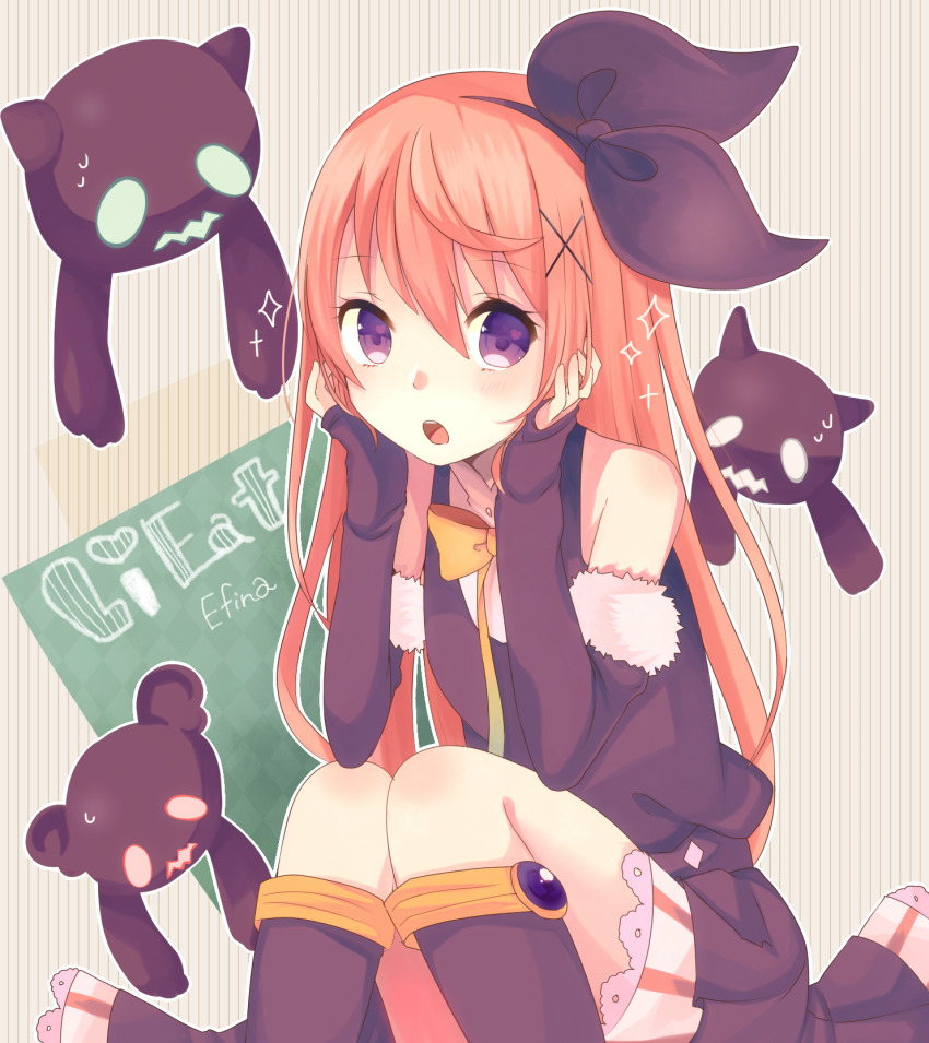 1girl :o artist_name black_legwear black_ribbon chalkboard character_name commentary_request creature efina elbow_gloves fingerless_gloves gloves hair_ornament hand_in_own_hair heart highres lieat mani_m open_mouth orange_hair purple_eyes ribbon skirt