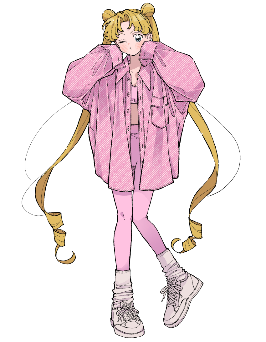 1girl absurdres alternate_costume bishoujo_senshi_sailor_moon blonde_hair blue_eyes bra diagonal-striped_shirt double_bun foot_up full_body hair_bun hands_up highres leggings long_hair neginoaoitokoro one_eye_closed open_clothes open_shirt oversized_clothes oversized_shirt pink_bra pink_leggings pink_shirt pursed_lips shirt shoes simple_background sleeves_past_fingers sleeves_past_wrists sneakers socks solo tachi-e tsukino_usagi twintails underwear very_long_hair white_background white_shoes white_socks