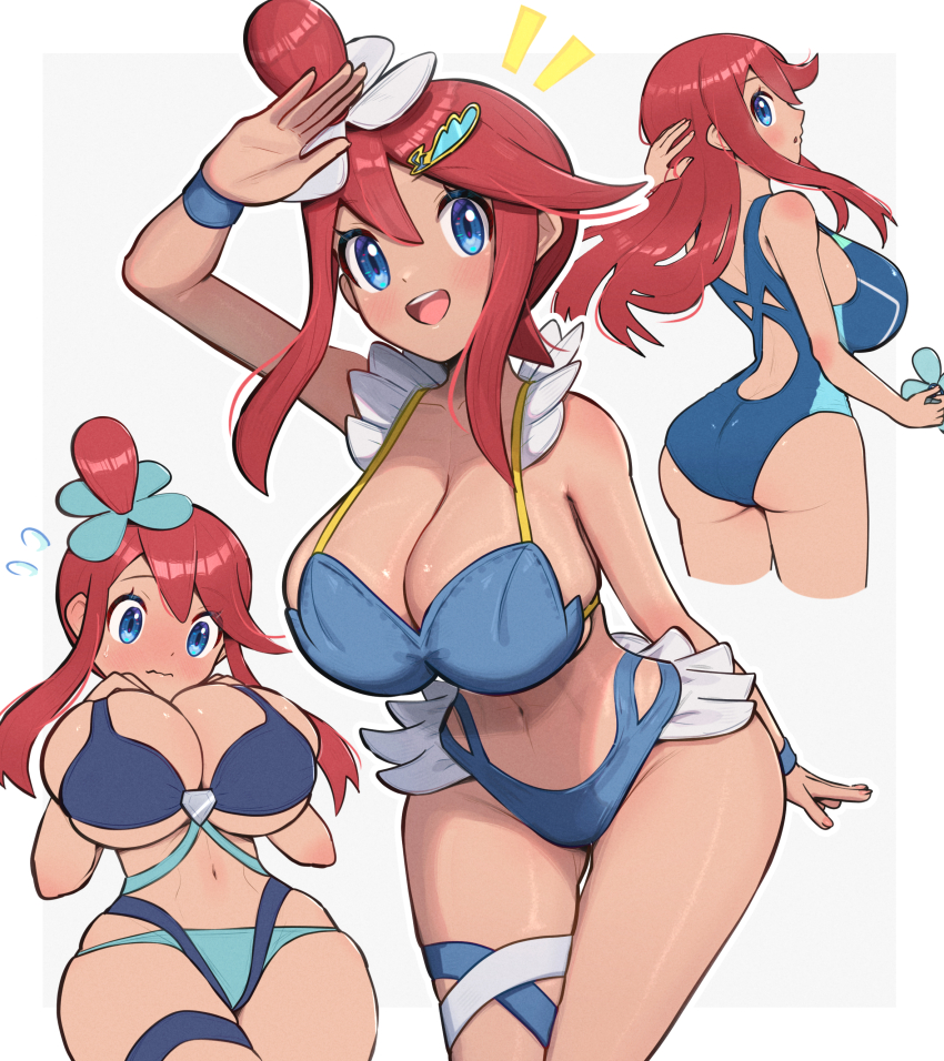 1girl absurdres alternate_costume ass bare_shoulders bikini blue_bikini blue_eyes blue_one-piece_swimsuit blush breasts cleavage closed_mouth gonzarez hair_ornament highres large_breasts long_hair looking_at_viewer midriff navel nintendo one-piece_swimsuit one_side_up open_mouth pokemon pokemon_bw red_hair short_hair_with_long_locks skyla_(pokemon) smile solo stomach swimsuit