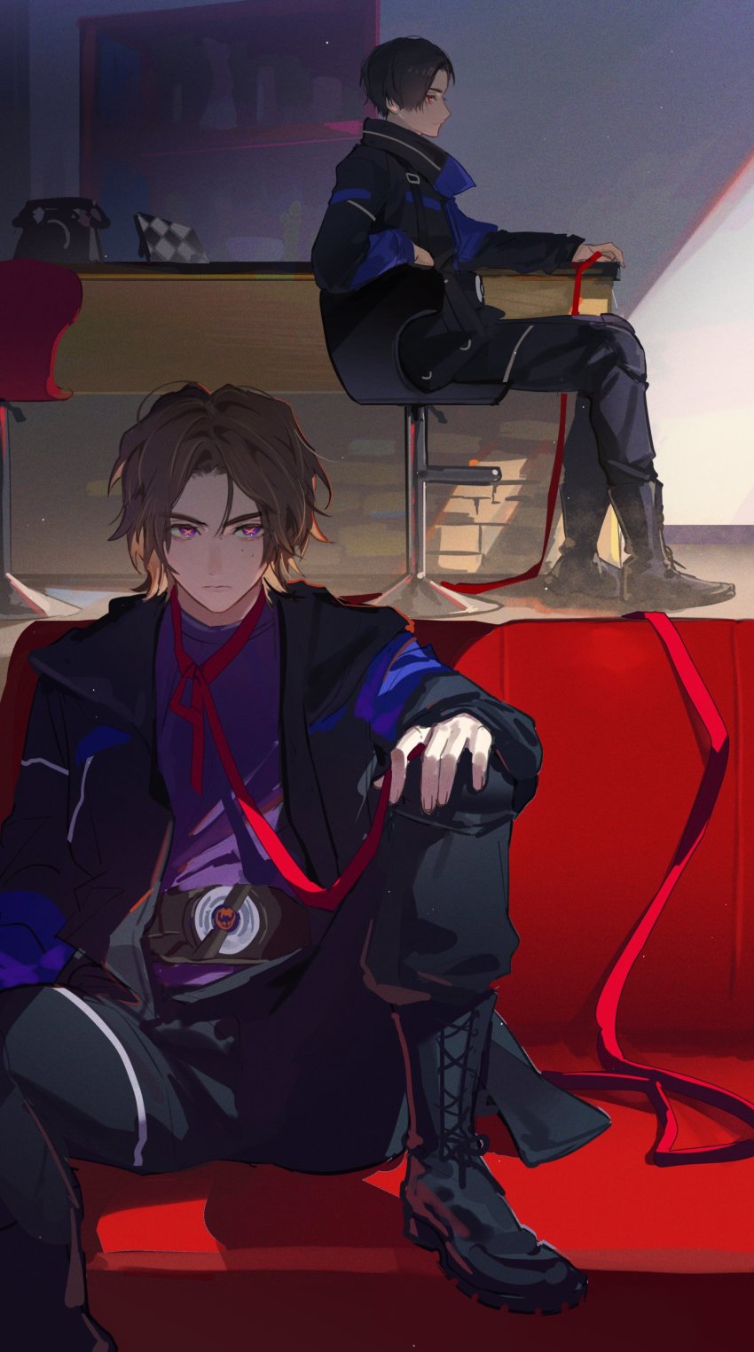 +_+ 2boys absurdres azuma_michinaga bar_(place) bar_stool black_footwear boots brick brown_hair chair couch counter desire_driver desire_grand_prix_uniform doran_(doran7280) from_side highres implied_yaoi jacket kamen_rider kamen_rider_geats_(series) light male_focus multiple_boys on_couch phone purple_eyes purple_shirt red_ribbon ribbon shadow shelf shirt short_hair sitting stool ukiyo_ace