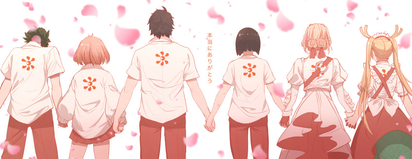 2boys 4girls black_hair blonde_hair bob_cut character_request cherry_blossoms commentary company_connection copyright_request crossover dishwasher1910 dragon_girl dragon_horns dragon_tail english_commentary facing_away from_behind full_metal_panic! highres holding_hands horns hyouka kobayashi-san_chi_no_maidragon kuriyama_mirai kyoto_animation kyoukai_no_kanata light_brown_hair logo long_hair long_sleeves messy_hair multiple_boys multiple_crossover multiple_girls oreki_houtarou pants petals pleated_skirt sagara_sousuke shirt short_hair short_sleeves skirt tail tohru_(maidragon) translation_request twintails violet_evergarden violet_evergarden_(series)